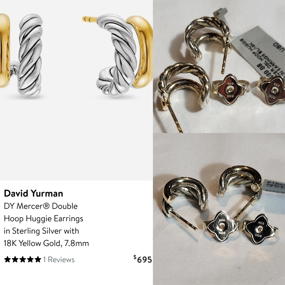 David Yurman Two-Tone Twisted Double Hoop Huggie Earrings - Silver & Gold. 307
